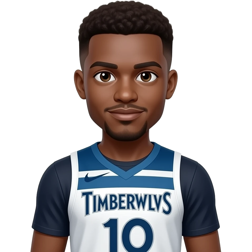 Black skin 22-year-old in a NBA jersey that is white and then the outlander blue and it says Timberwolves on it and it also has the Nike logo make the number number 10 and have them a kind of a fluffy low taper fade brown emoji