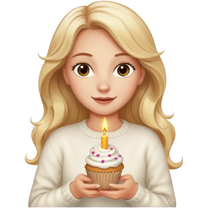 A pretty white girl with hazel brown eyes and long  down and blonde wavy hair in a cosy white knit sweater, she is celebrating her birthday and is happy emoji