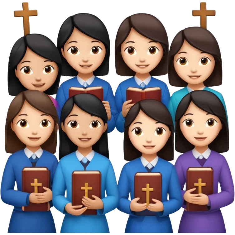 eight asian girls talking to each other holding bibles and crosses emoji