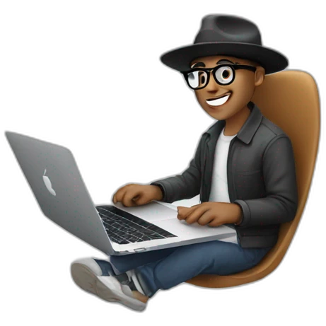 A guy with glasses and a hat is using a MacBook emoji