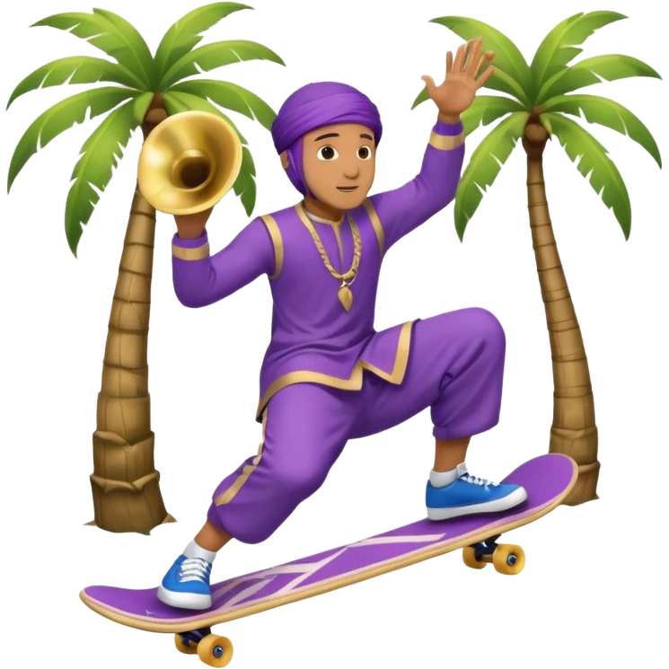 Islamic male, with a violet kufi, doing a kick-flip on a skateboard, playing a blue French horn, underneath a coconut tree emoji