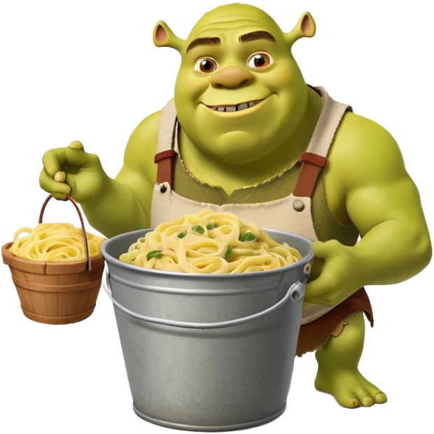 Shrek the green ogre holding a bucket full of carbonara pasta emoji
