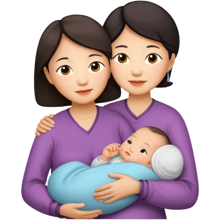 A Chinese mother (around 40) with her newborn and her 60-year-old mother. emoji