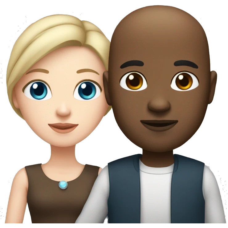 Bald black man holding hands with a white woman with long brown hair and blue eyes emoji