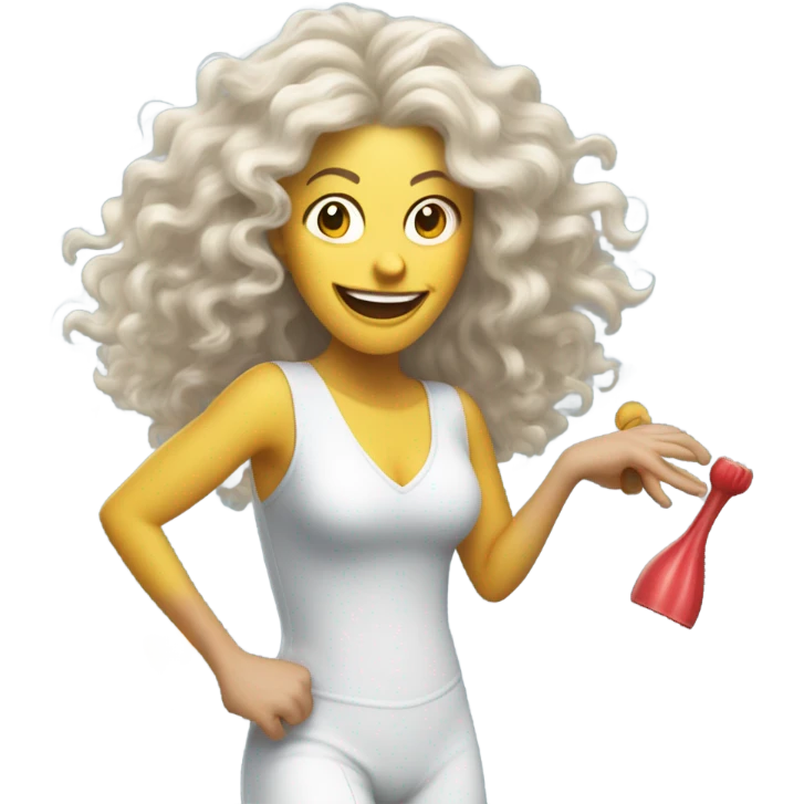 40-year-old white woman woman partying dizzyingly, with long frizzy hair and party tools  emoji