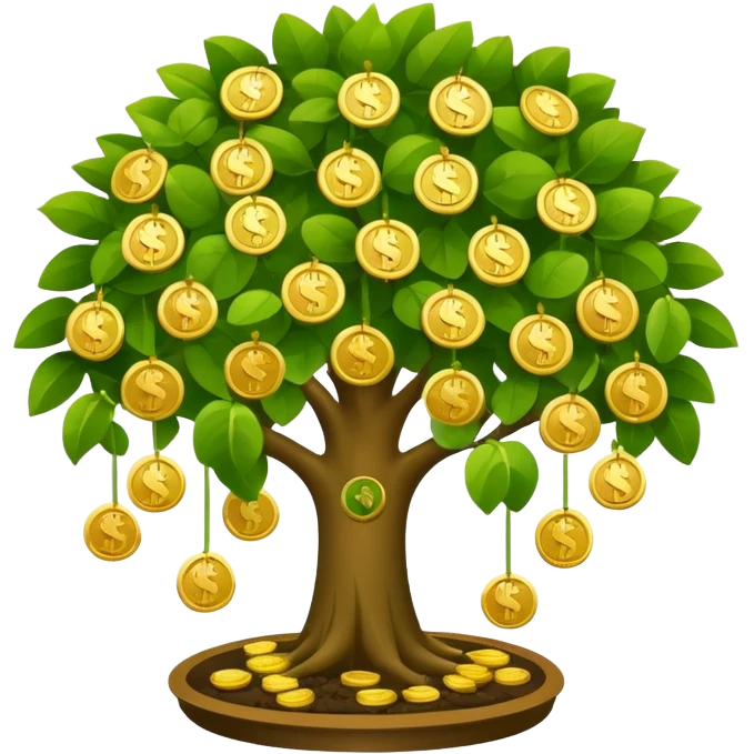 Apple-style money tree, round soft green canopy.
No pot, no ground — only the tree.
Small gold coins as fruits inside the leaves (not below).
Flat 2D vector, clean shapes, no gradients.
Dark near-black background, premium fintech icon. emoji