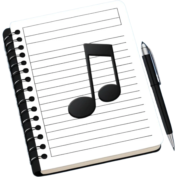 Minimalistic flat vector icon, iOS style, thin black contour on white background. Small notebook with a musical note on the cover, a pen placed next to it. Clean, modern, no text, no shadows. emoji