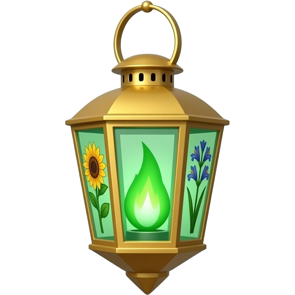 A golden hanging lantern with a bright emerald flames, an empty loop on top, sunflower & asphodel themed lantern, focus more on the green flames, paint the glass more green, have its bottom point come to some sort of point emoji