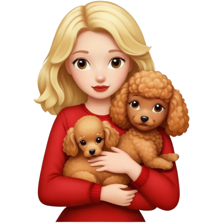 A blonde hair girl hugs a red poodle emoji