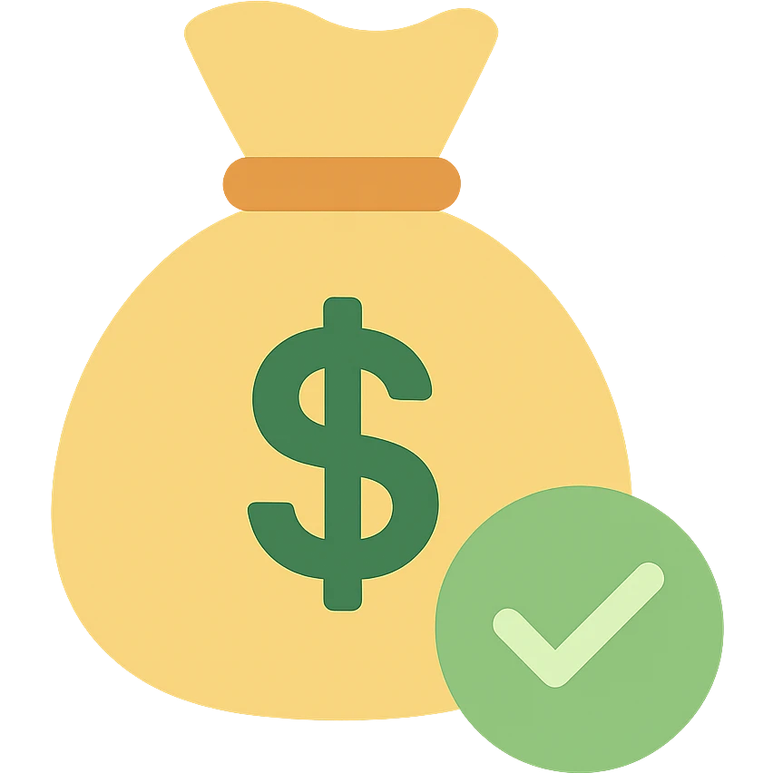 money bag with a large green check mark overlay, simple and bold emoji