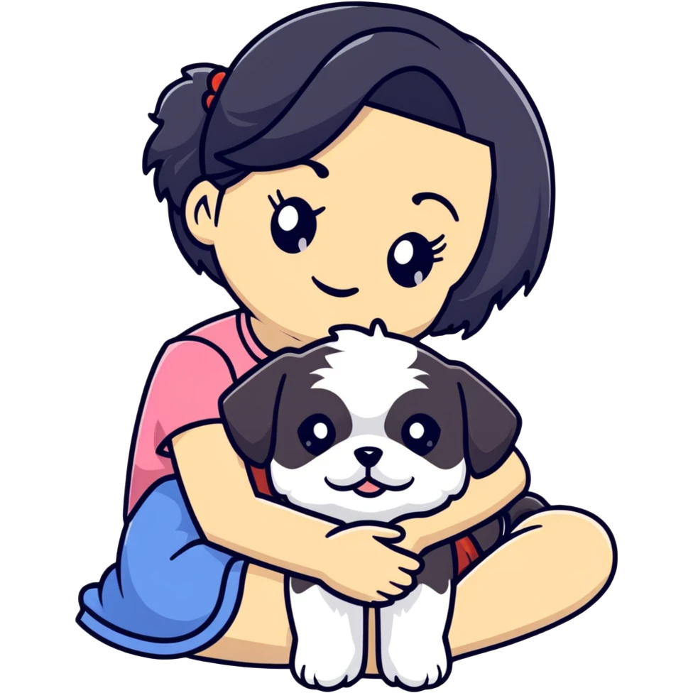 A girl with black hair hugging a Shih Tzu dog emoji