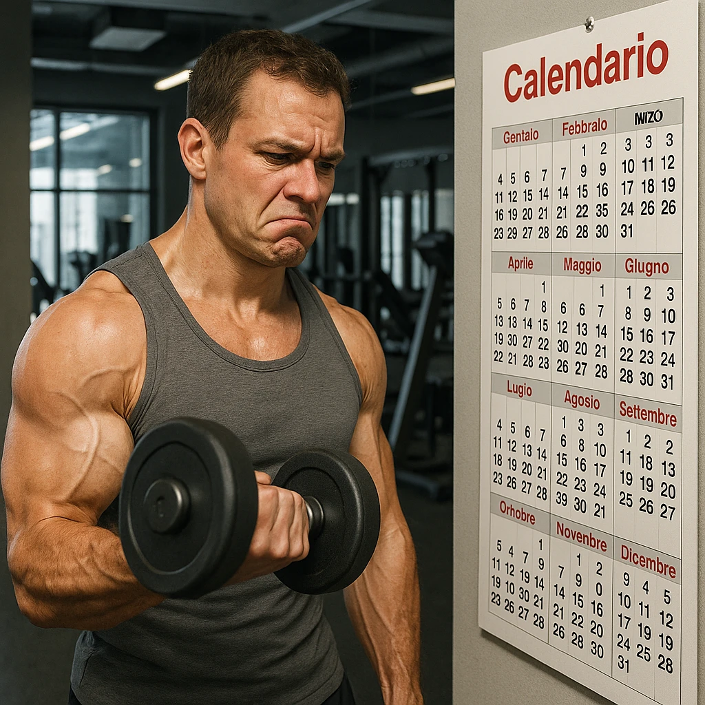 hyper realistic man in gym doing high repetitions, looking at calendar with months and days in Italian, dissatisfied expression, anatomical details, modern gym background emoji