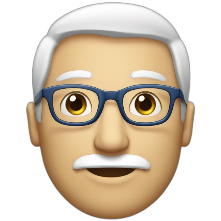 Uomo in pensione con barba bianca, capelli grigi, occhiali blu, allegro emoji