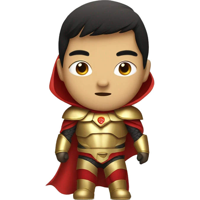 Asian super hero, boy, gold armour, red cape, eyes mask emoji