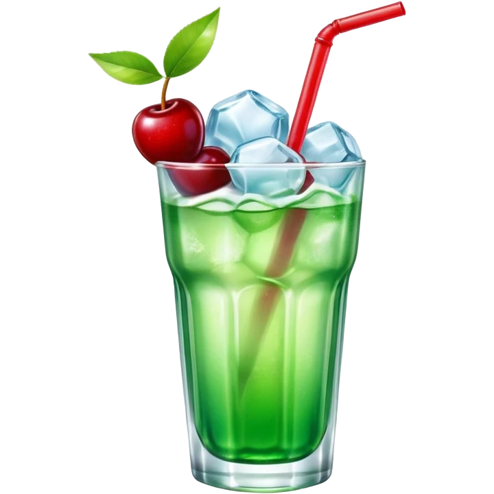 Create an emoji with a very clear rounded glass and ice, bright transparent green soda , a smooth vanilla scoop circle shape, a glossy red cherry, using vibrant colors, soft shading, and clear glass highlights.
 emoji