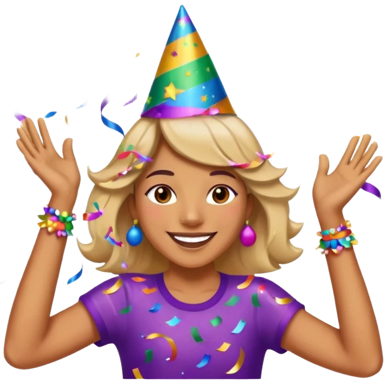An energetic, celebratory emoji-style scene featuring a dancing figure surrounded by confetti, party streamers, and festive sparkles. Bright, colorful, joyful, and full of movement. emoji