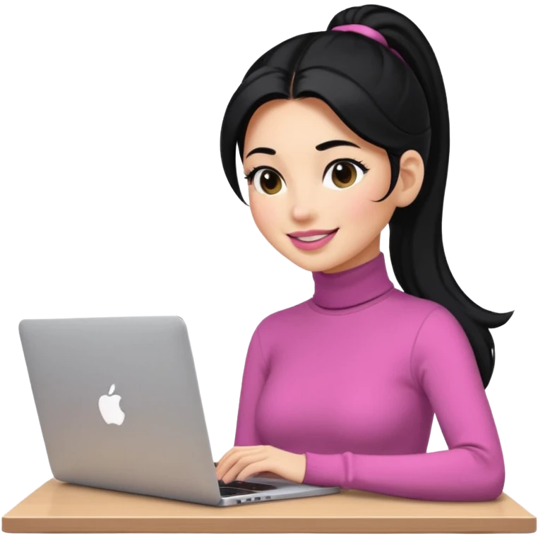 a woman with long sleeve turtle neck top and smile, her hair is long black pony tail, her eyes color are black and the color of her lip is soft pink with apple notebook (macbook). her jab is digital designer. emoji