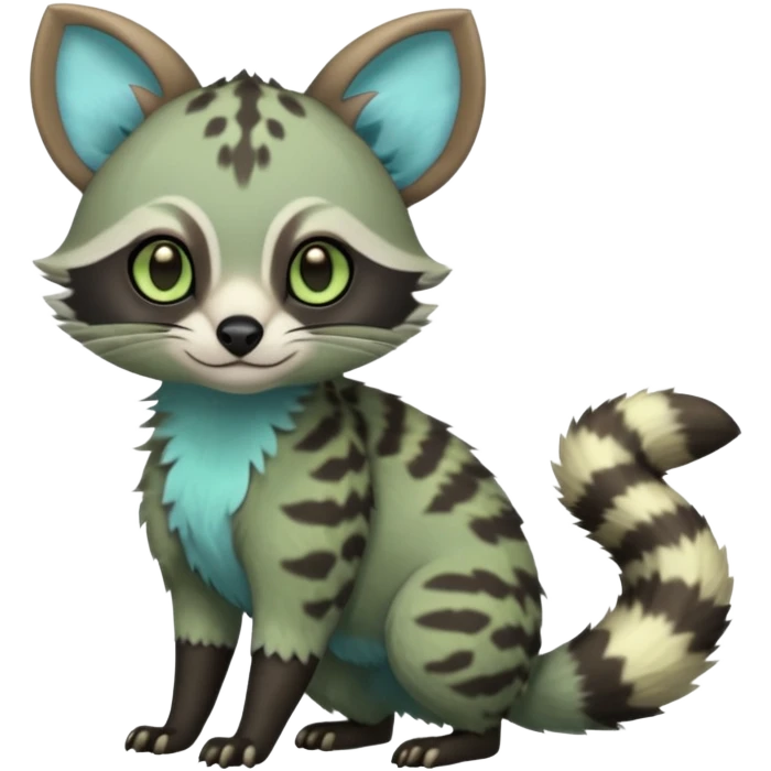 Rare realistic cool cute epic aesthetic colorful Amaura-Bayleaf-Civet-Genet-species-Fakemon-hybrid-creature, with markings, full body emoji