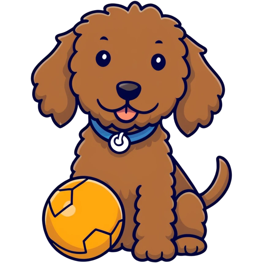 Brown labradoodle with a ball emoji