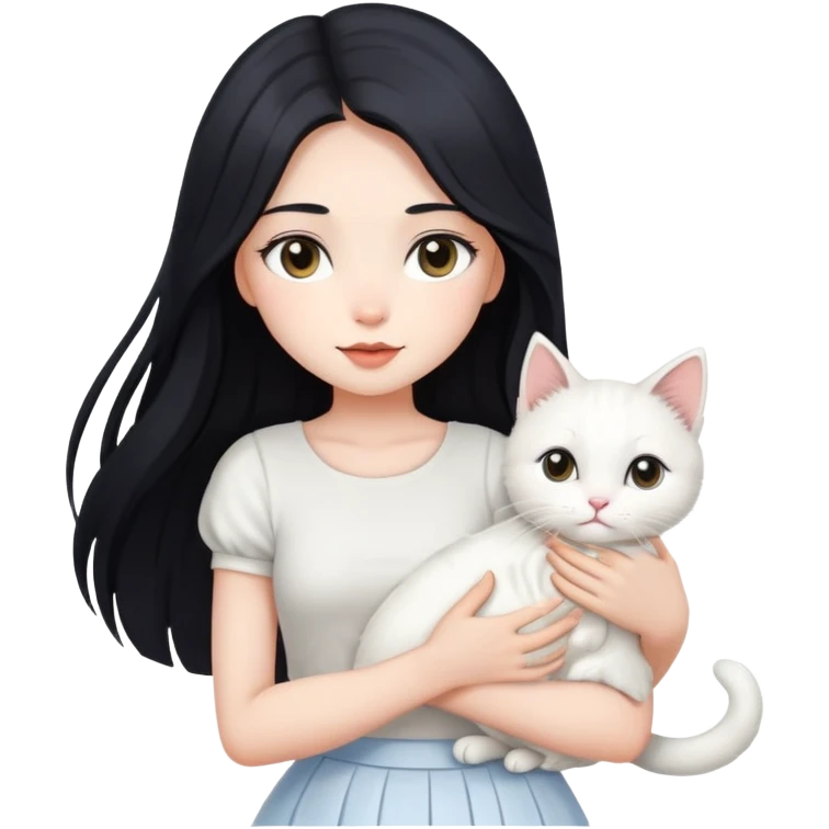 A beautiful girl with long black hair wearing a white skirt holds a cute white cat in her arms emoji