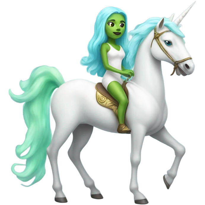 [(a light green amazon alien woman with blue eyes) on a (four-legged white unicorn)] emoji