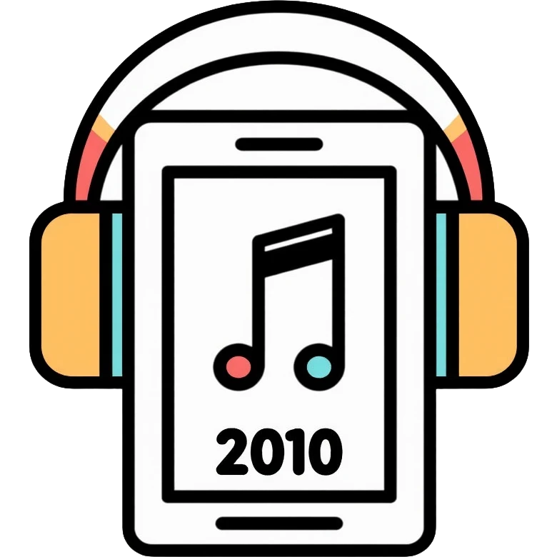 Music playlist icon with smartphone, headphones, and "2010" text, representing 2010s decade music emoji