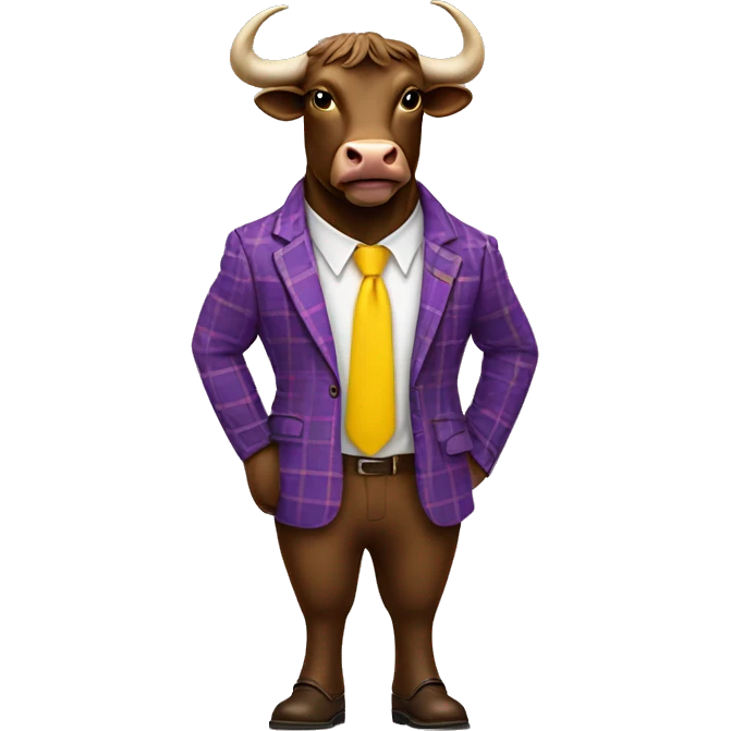 Brown bull with horns standing up wearing purple plaid suit with yellow tie wearing brown shoes emoji