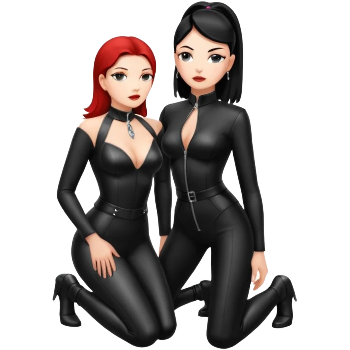A woman on her knees for another woman, while the other woman stands up next to her. The woman standing is a dominatrix emoji