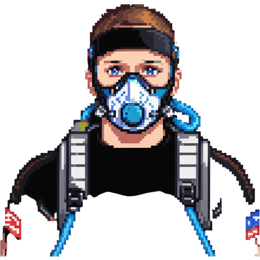 Pixelated athlete with VO2 max face mask and breathing apparatus, fitness lab testing emoji