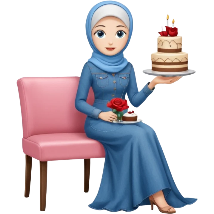 Turkish beautiful finish Konya girl blue eyes with denim hijab long tail dress and sits on the modernized coffee house on a white chair and holds rose cake with her hand  emoji