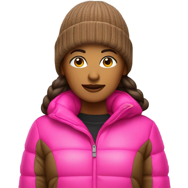 Brown woman brown puffer jacket neon pink nitted beanie  emoji