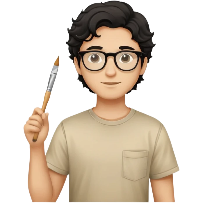 Young caucasian man with black wavy hair, round glasses, beige painting shirt, holding a square paintbrush emoji