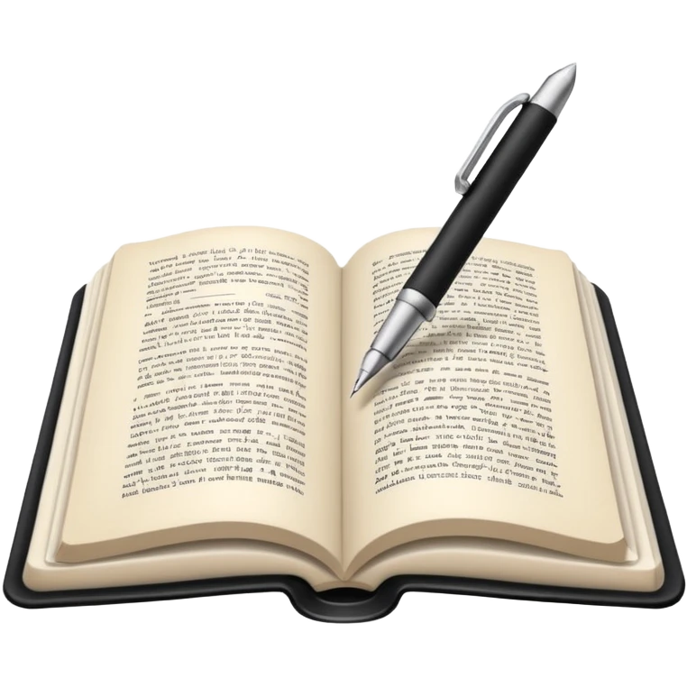 "A white open book,The pen should be positioned as placed exactly in the center between the pages.  if held by a right-handed person - meaning the direction is reversed compared to a left-handed grip. The pen should be uncapped, and the cap placed behind it." emoji