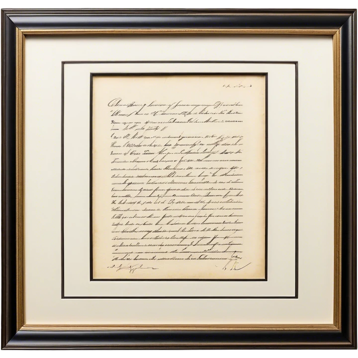 Icon for Autograph Collecting: a signed piece of paper or book page with a famous signature, surrounded by a collection of several framed autographs. Transparent background. emoji