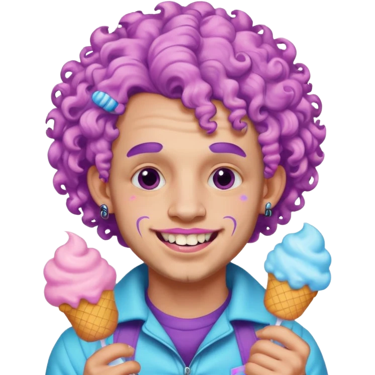 very cheerful colorful puffy violet curly haired man made out of cotton candy wearing teeth-braces and tattoos and face tattoos just face  emoji