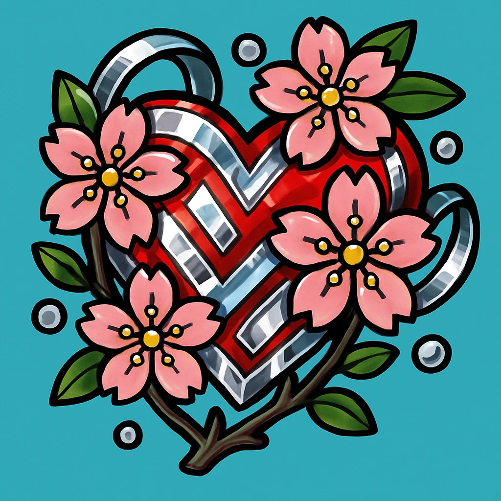Make the silver accents and details extremely prominent and abundant on the heart with sakura, vibrant toon style. emoji