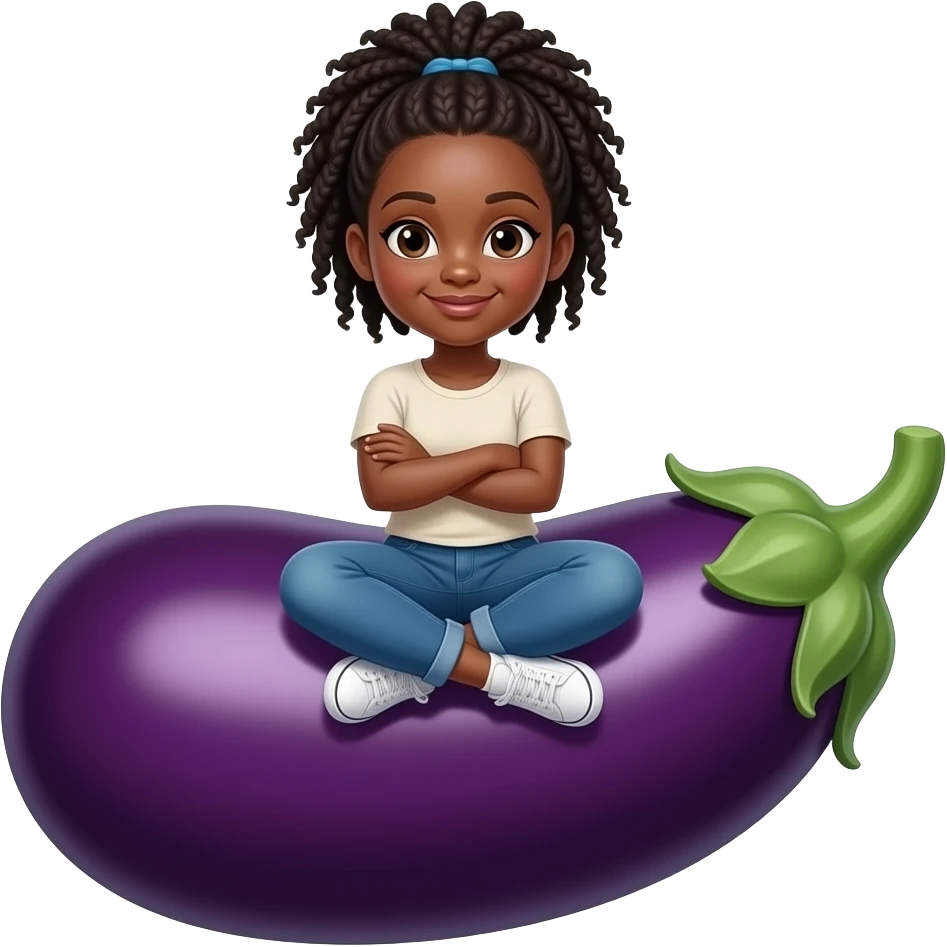 a black girl sitting on an eggplant with crossed leggs emoji