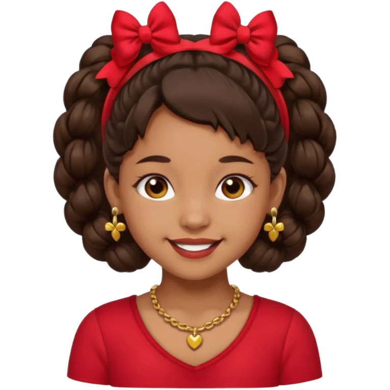 Brownskin girl dark brown hair fluffy. pigtails with red bows brown eyes smiling closed mouth red shirt gold esrrings gold necklace emoji