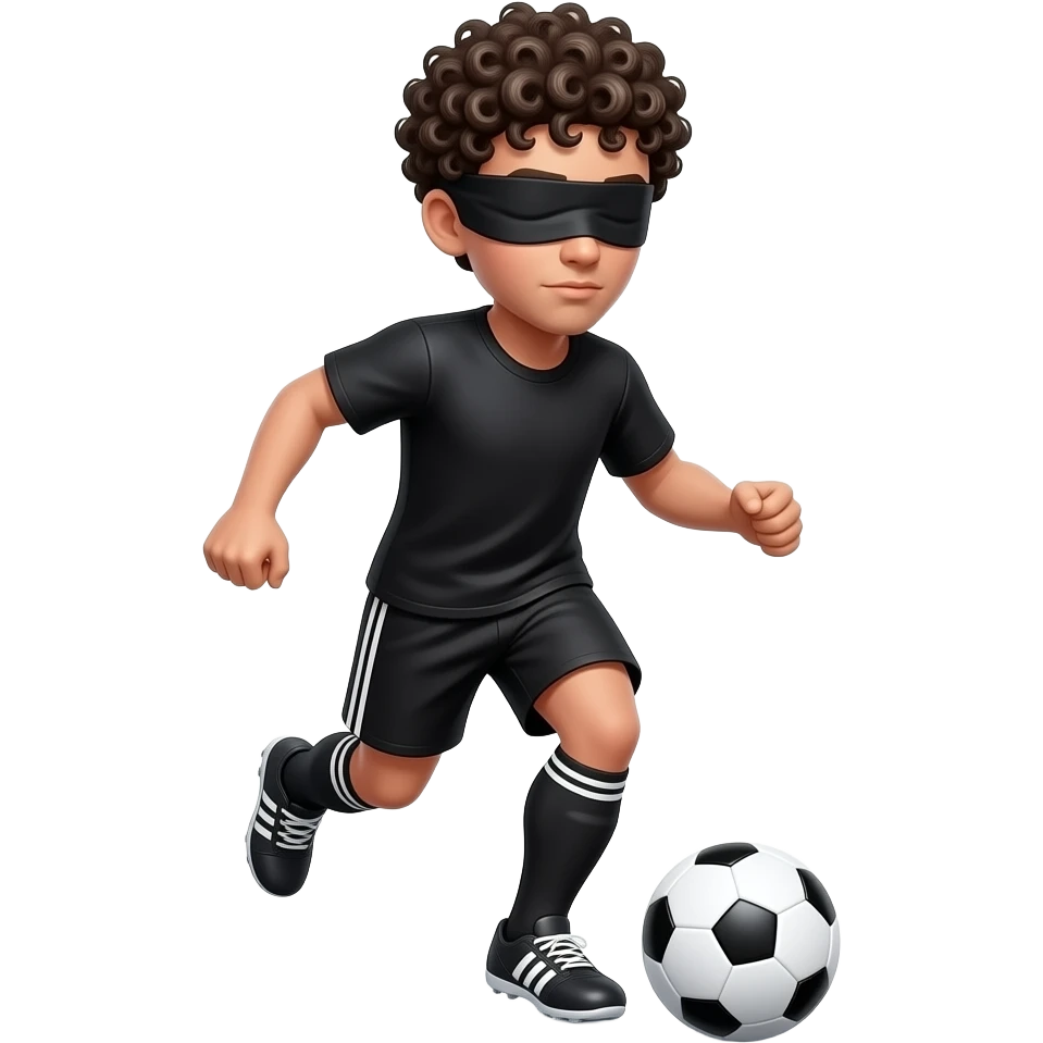 make me a soccer player dribbling the ball blindfolded mke him have black short curly hair with black shirt and short make his skin tone complex white and give him blond hair higlights emoji