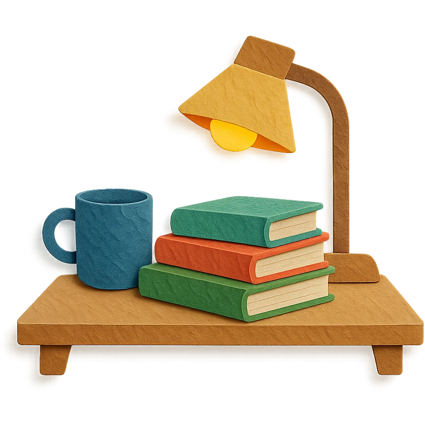lofi study desk with books, coffee mug, and warm lamp, paper craft style emoji