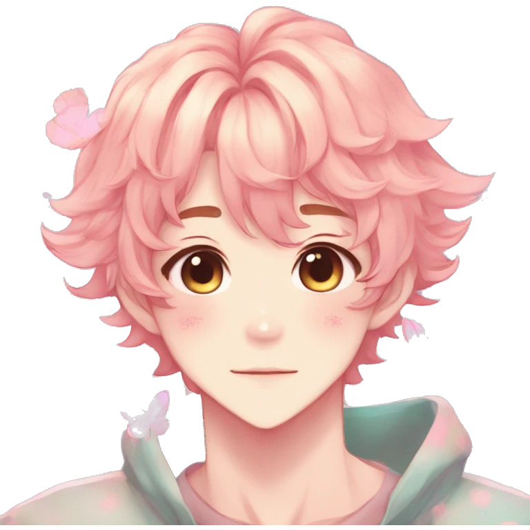 Gorgeous colorful pastel anime style shojo man with blushing face and butterflies aesthetic and pretty hair trending style emoji
