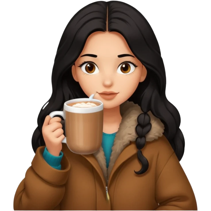 anned Girl with lashes , bright black long hair, in an extremely big fluffy brown oversized jacket, and drinking hot chocolate drink emoji