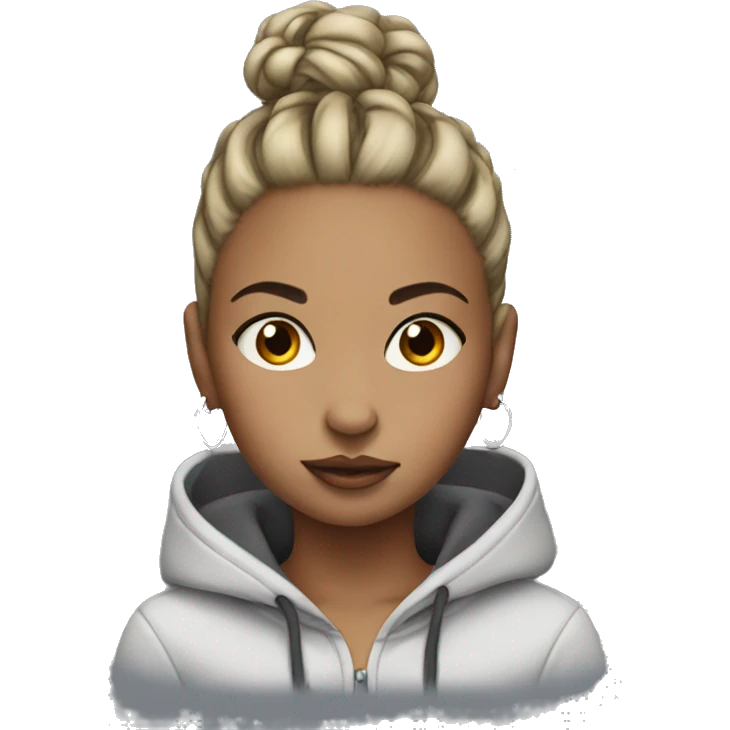 girl wearing a hoodie with a high top bun and a ring nose piercing emoji