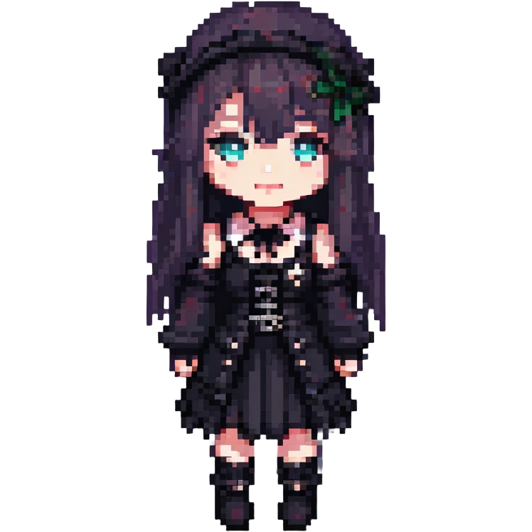 gothic girl, chibi proportions, gothic outfit, simple background, pixel art style emoji