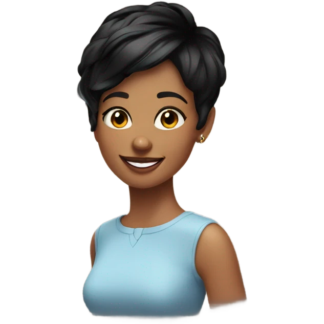 young pretty woman short pixie cut smiling, black hair emoji