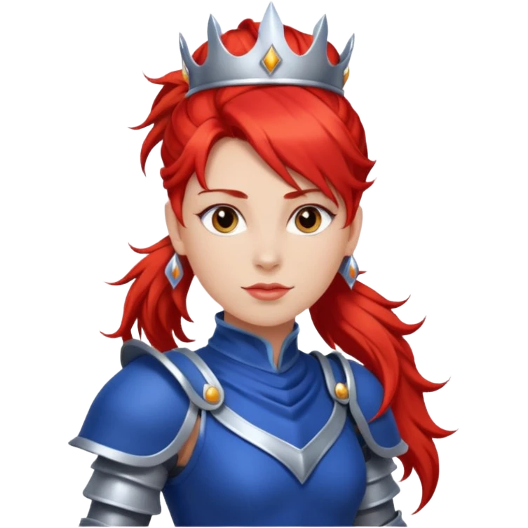 Red Haired Princess, Warrior Princess – fiery red ponytail, silver armor over royal dress, confident stance, silver crown emoji