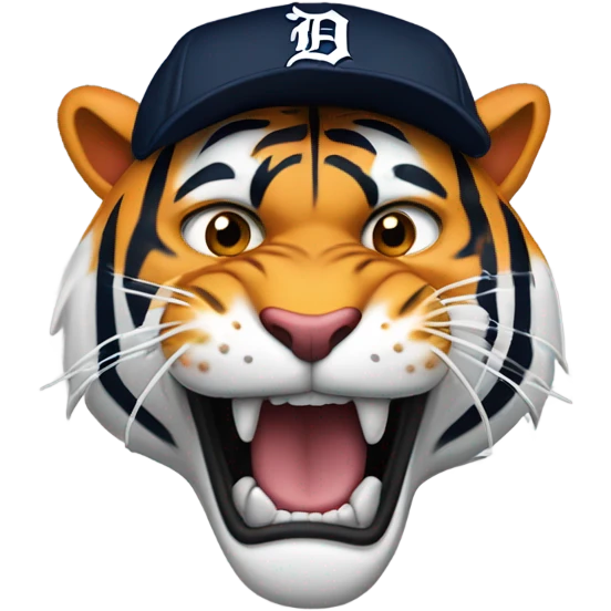 A feoscious tiger wearing a Detroit tigers baseball cap roaring emoji