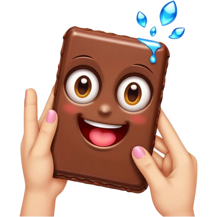 bitten chocolate bar with big sparkling eyes, drooling mouth, blushing cheeks, hands reaching toward it, colorful, expressive, minimalistic, modern emoji style emoji