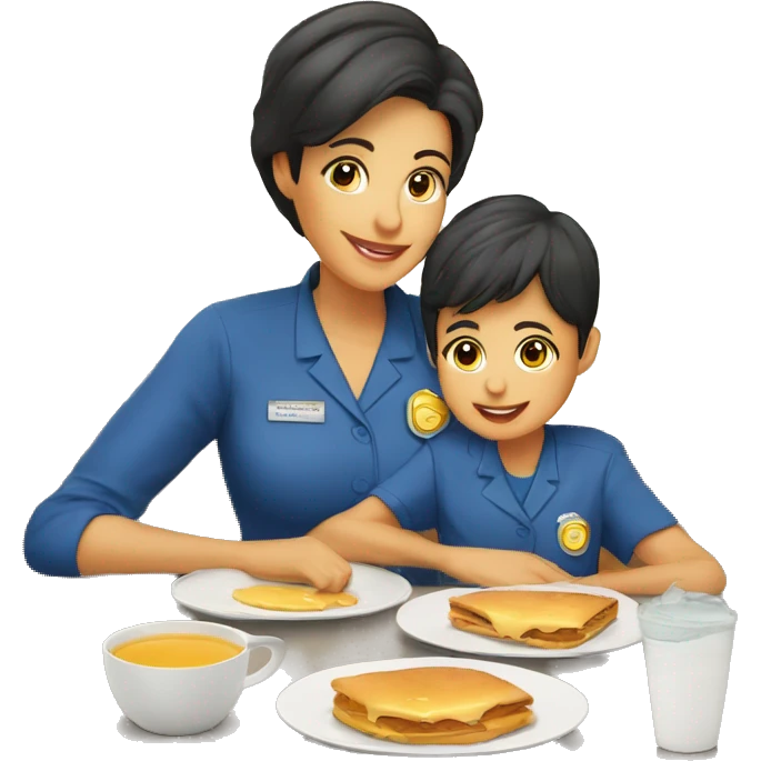 mama e hijo desayunando con uniforme de preescolar emoji