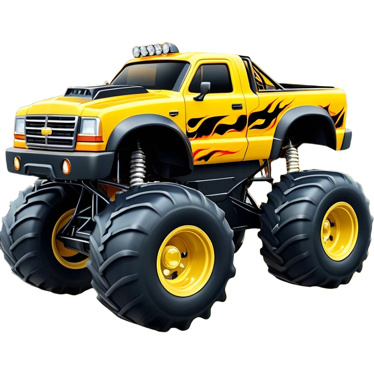 Maximum Destruction - Monster Jam (Model Year: 2021) (Iconic colour: Yellow with black flames) - A ferocious monster truck featuring a vivid yellow base accented by dramatic black flame patterns. Emphasize sharp, high-contrast flame streaks across the body, creating a look of aggressive, explosive energy. emoji